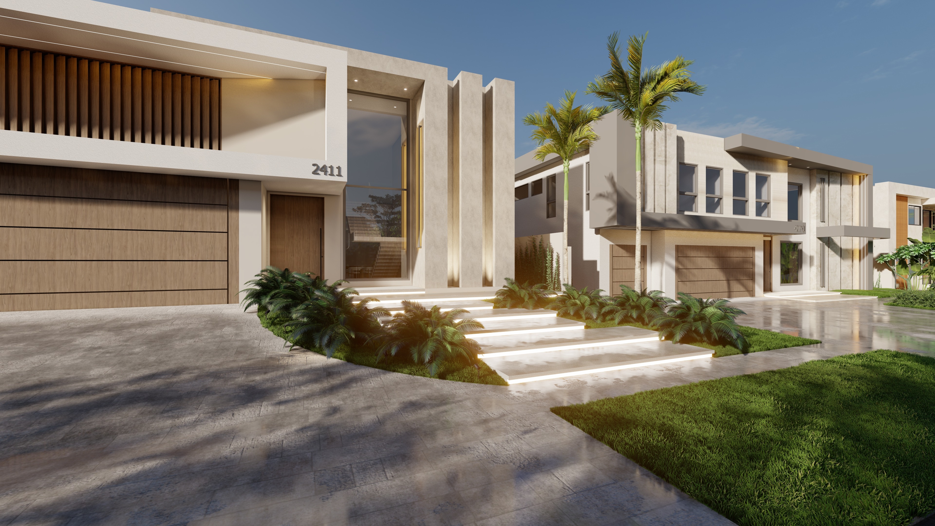 2411 Residence — oblique view, timber screen and travertine fins over the motor court
