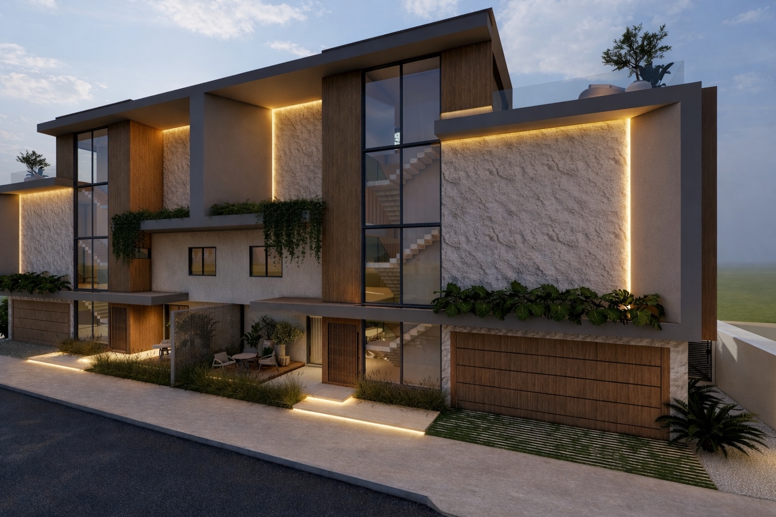 Stone-and-timber residence at twilight