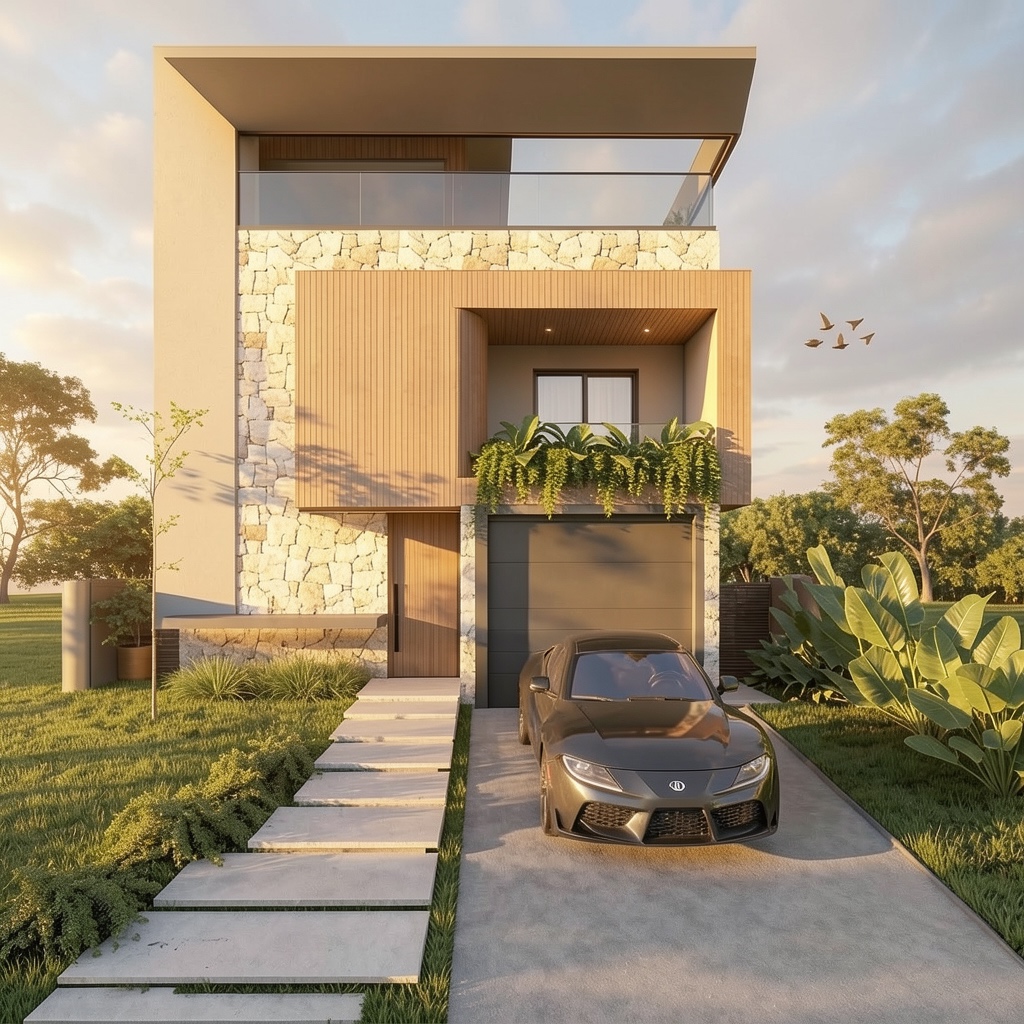 Compact stone-and-timber villa with sculpted entry stair