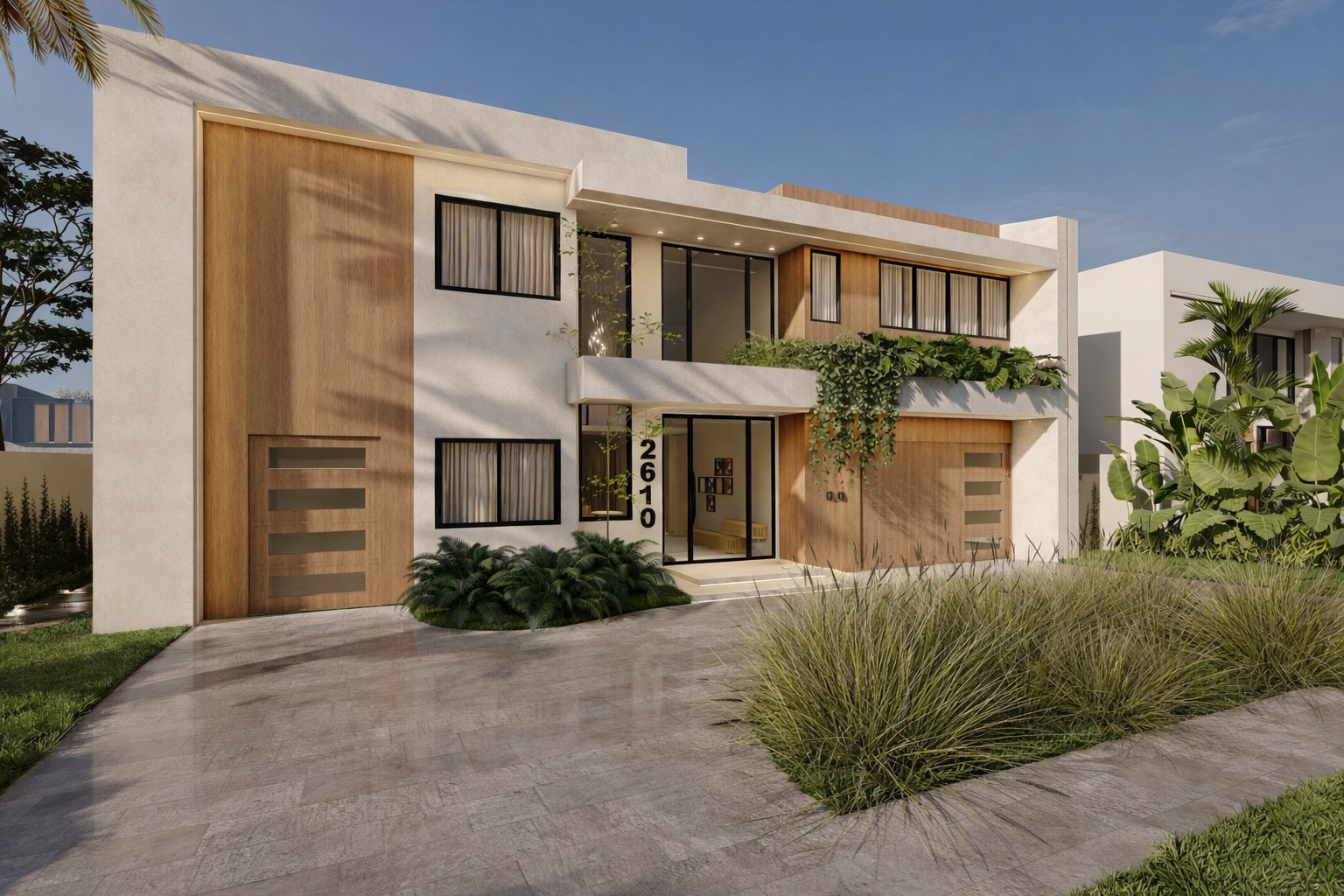 Travertine villa with timber portal and garden approach