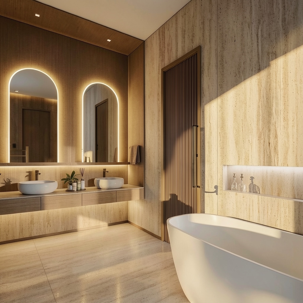 Travertine bathroom with arched backlit mirrors and freestanding tub
