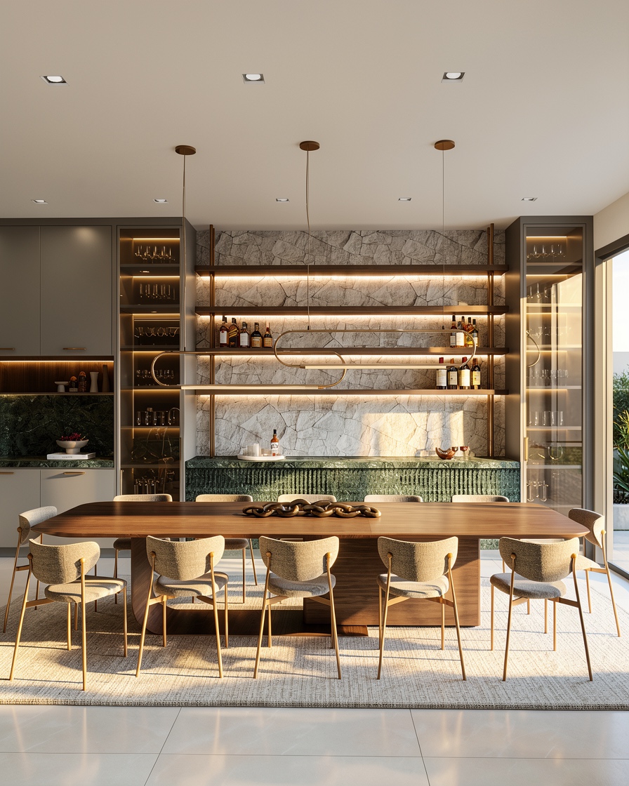 Dining room with walnut table, bouclé chairs and stone bar wall