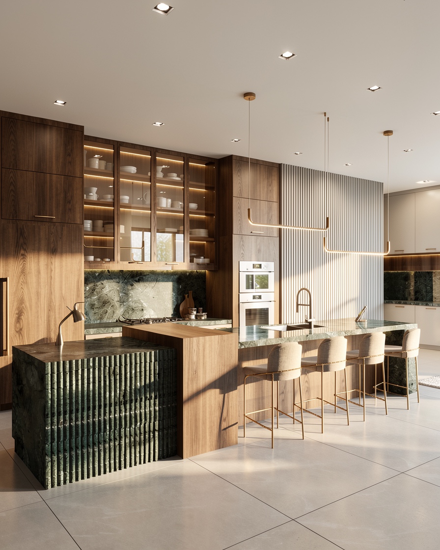 Walnut kitchen with green marble island and brass detailing