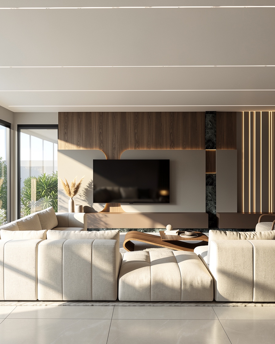 Living lounge with sculpted cream sectional and timber media wall