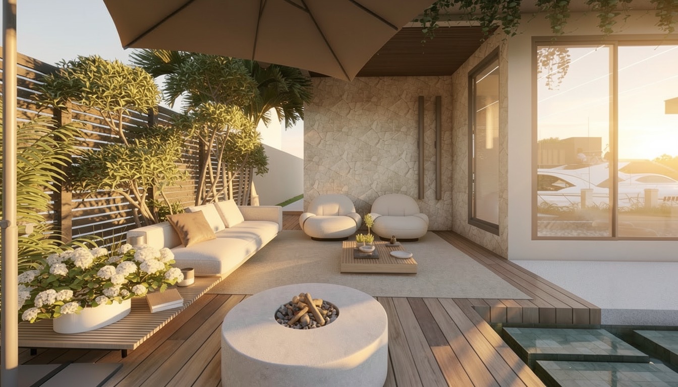 Outdoor lounge with concrete firepit, sectional and stone wall