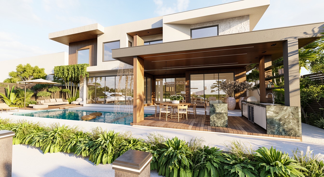 Pool and covered pavilion with outdoor kitchen and lush planting